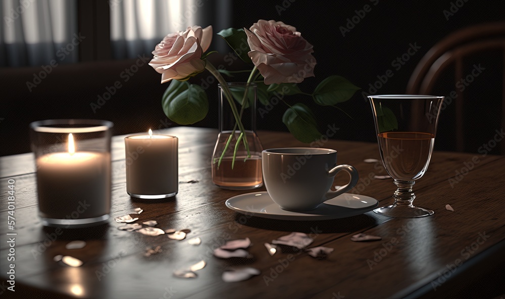  a wooden table topped with a cup of coffee and two candles.  generative ai