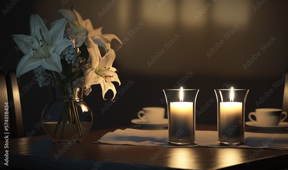  a table topped with a vase filled with flowers and candles.  generative ai