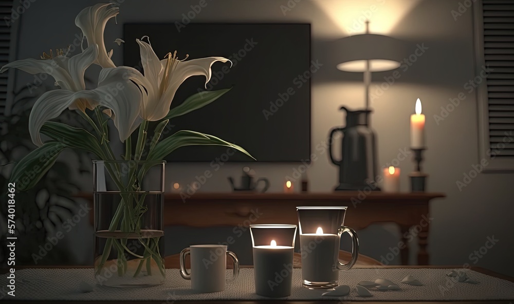  a table with a vase of flowers and candles on it.  generative ai