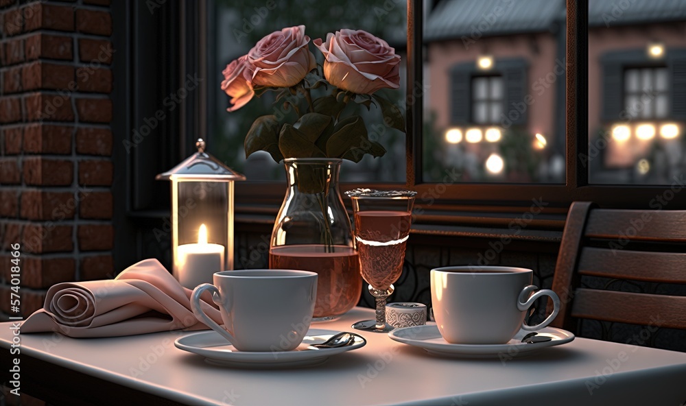  a table with two cups of coffee and a vase of roses.  generative ai