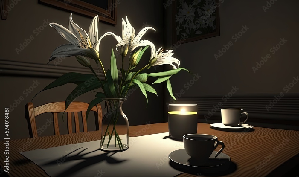  a vase of flowers sitting on a table next to a cup.  generative ai