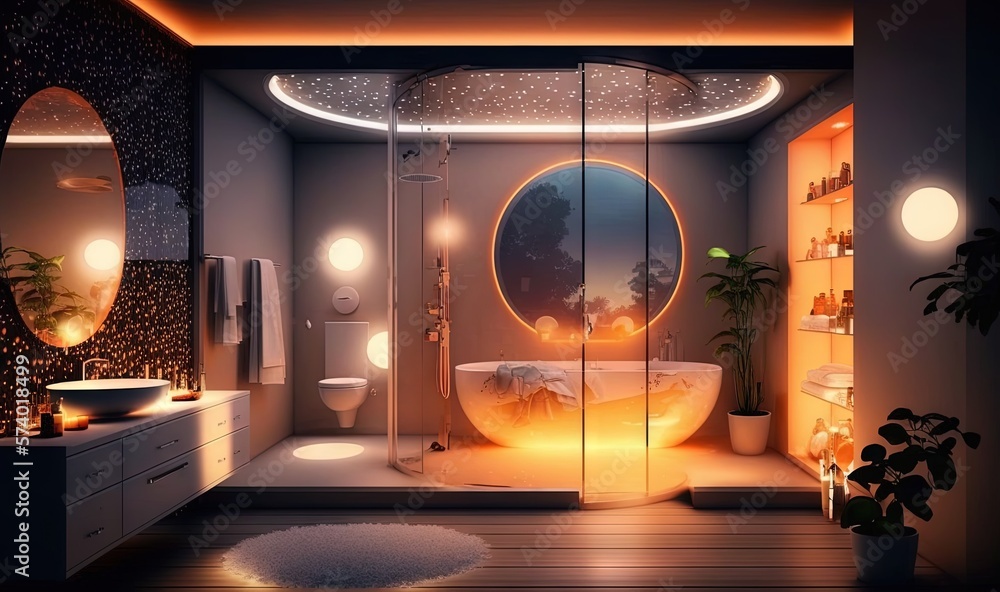  a bathroom with a round mirror and a bathtub in it.  generative ai