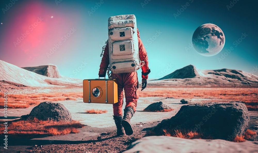  a man in a space suit with a suitcase on his back.  generative ai