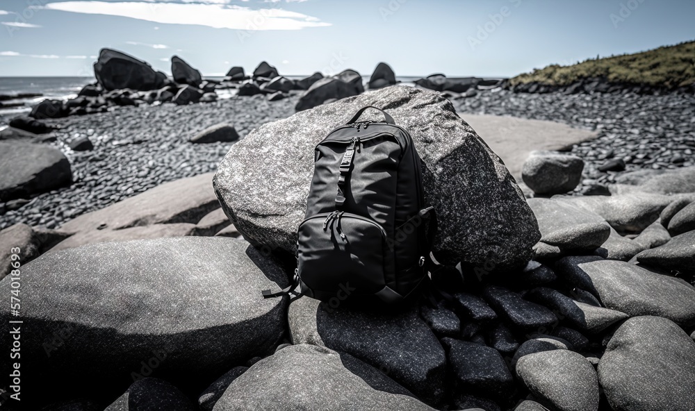  a backpack sitting on a rock on a beach near the ocean.  generative ai