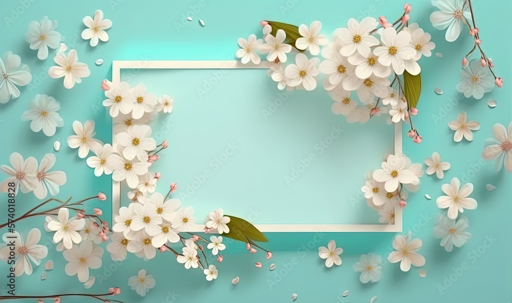  a square frame with white flowers on a blue background with a place for a text.  generative ai