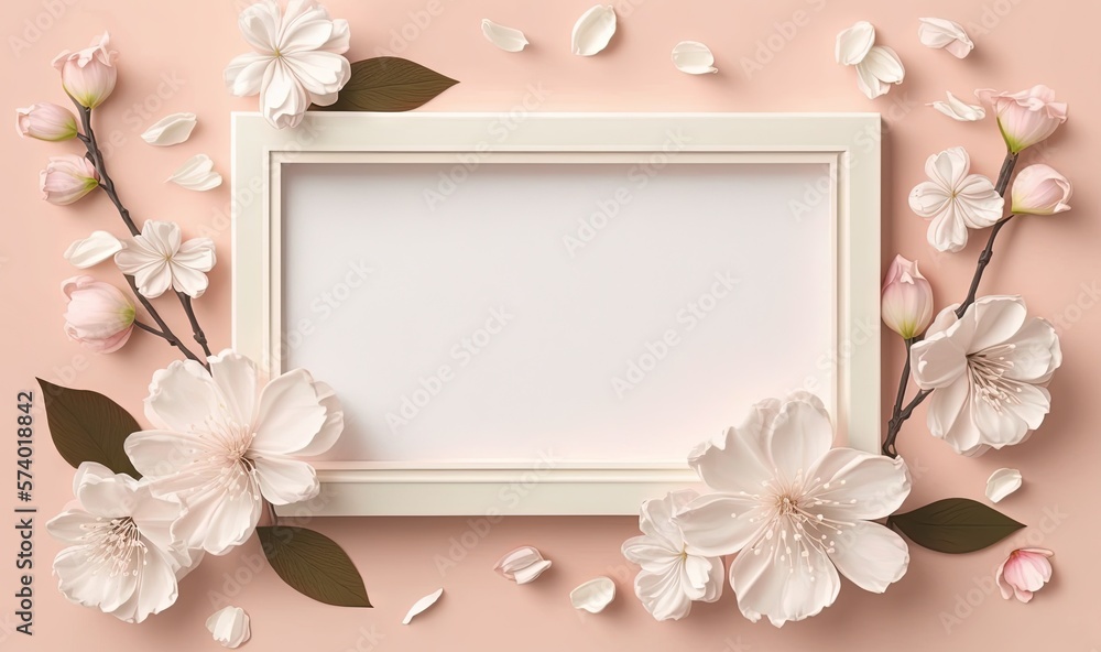  a white frame surrounded by pink flowers on a pink background.  generative ai