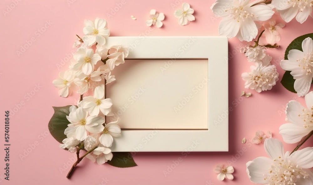  a white frame surrounded by white flowers on a pink background.  generative ai