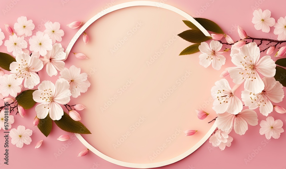  a pink background with white flowers and a white oval frame.  generative ai