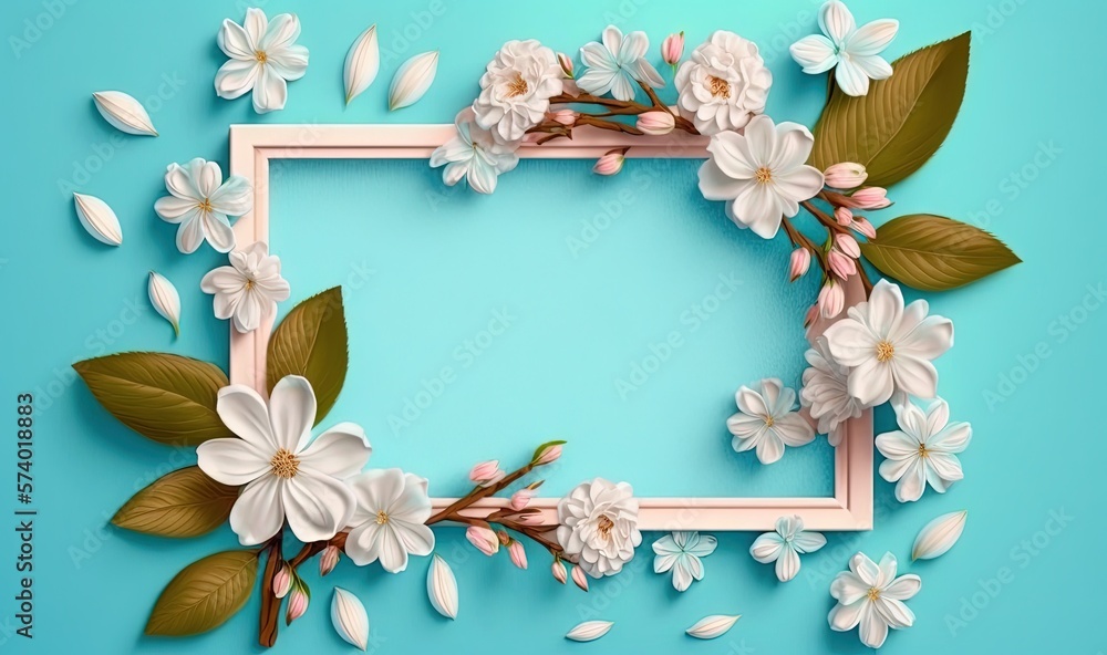  a square frame with flowers and leaves on a blue background.  generative ai