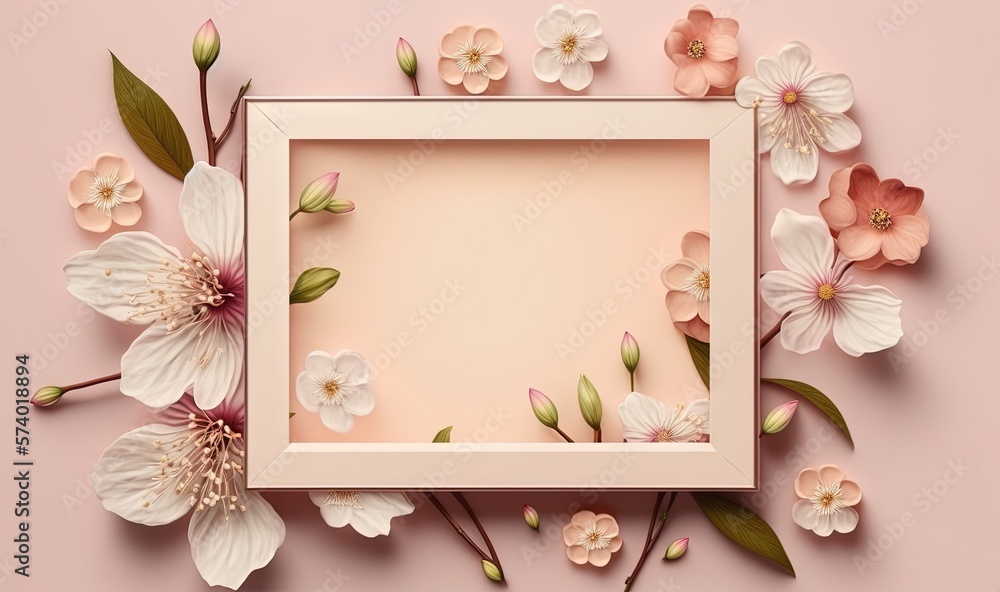  a white frame surrounded by flowers on a pink background with a place for a text.  generative ai