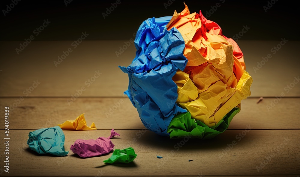  a colorful ball of paper sitting on top of a wooden floor.  generative ai