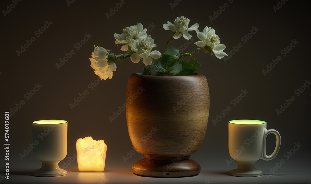  a vase with flowers in it next to two mugs.  generative ai