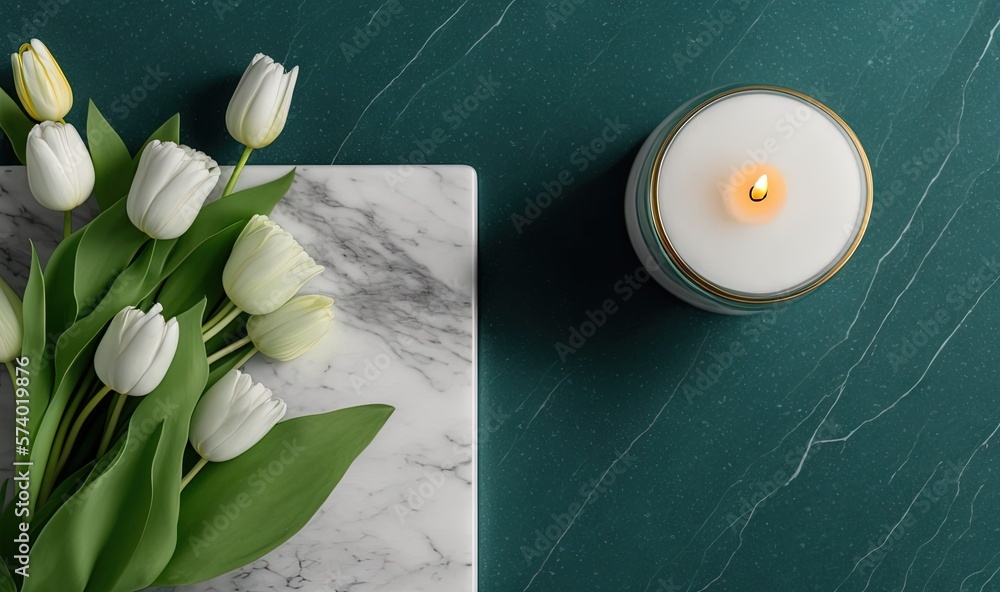  a marble table topped with a white candle and flowers next to a white candle.  generative ai