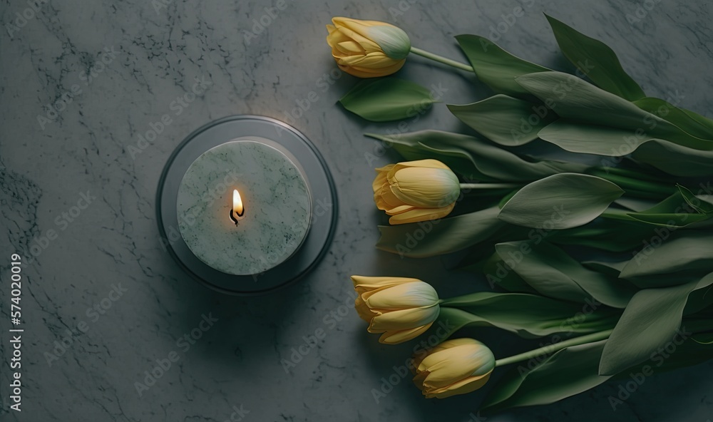  a candle and some yellow tulips on a table.  generative ai