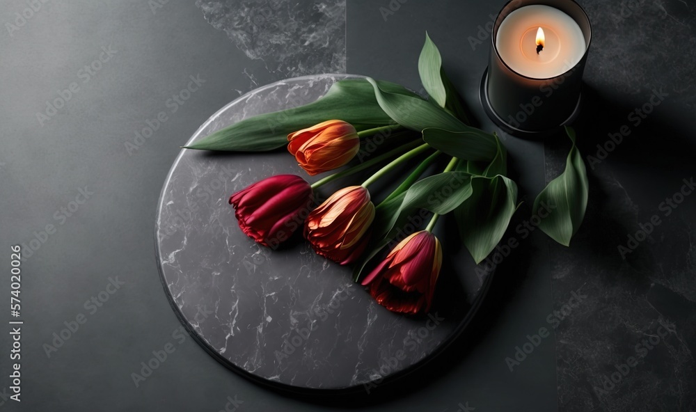  a candle and some flowers on a marble plate with a marble surface.  generative ai