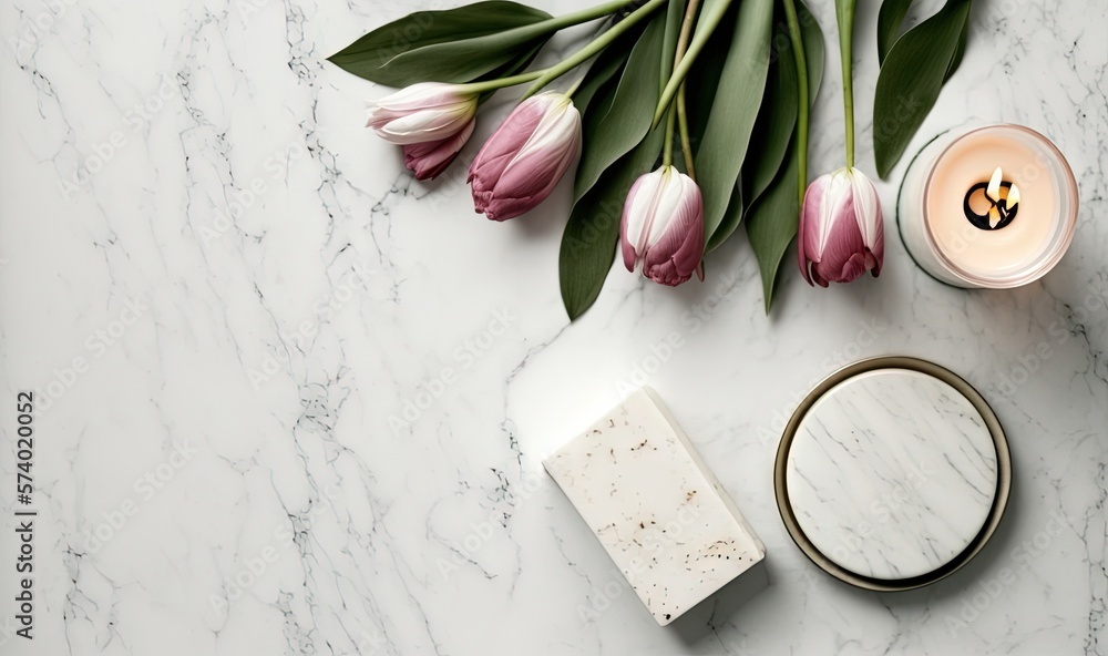  a marble table topped with a candle and a vase filled with tulips.  generative ai