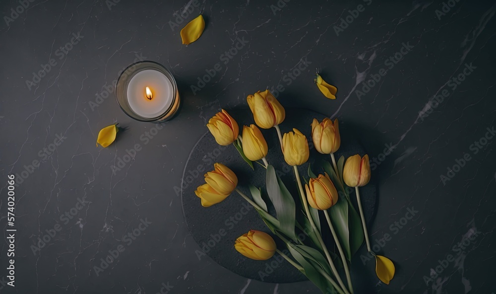  a bunch of yellow tulips sitting on a plate next to a candle.  generative ai