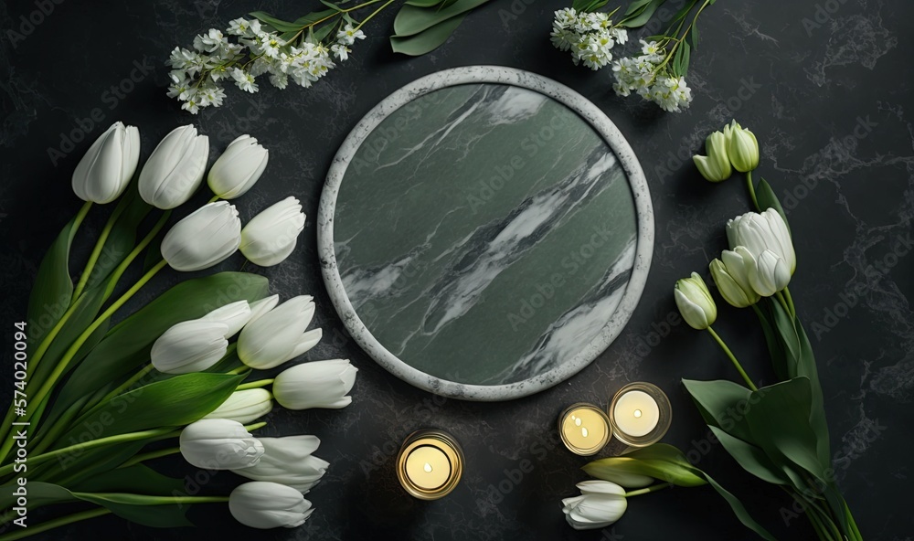  a marble plate surrounded by flowers and candles on a table.  generative ai