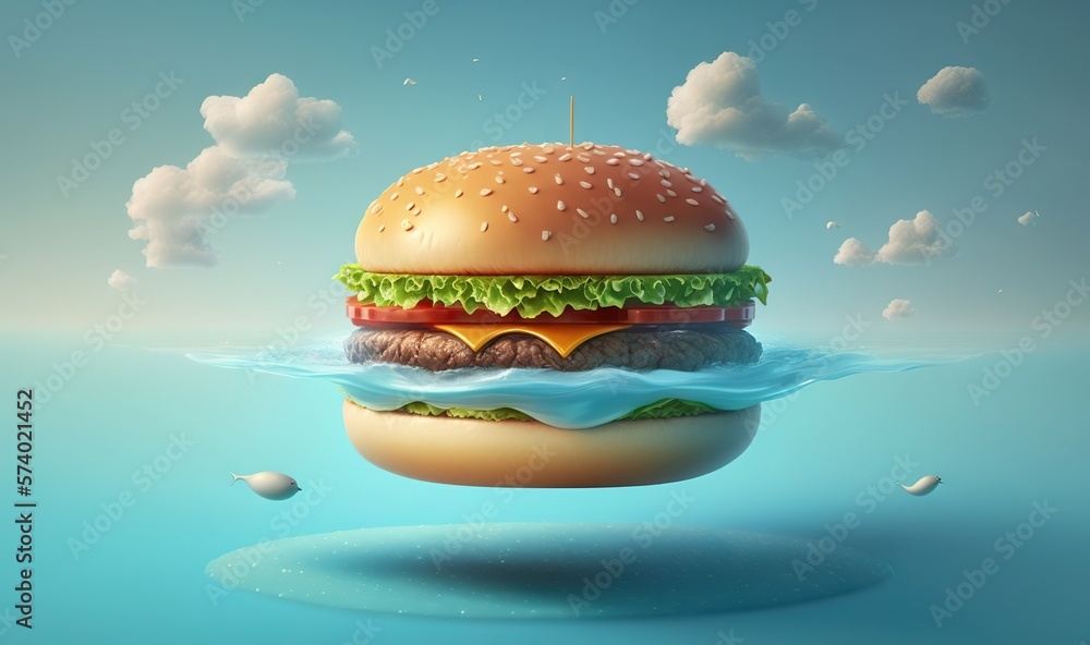  a hamburger floating in the water with clouds in the background.  generative ai