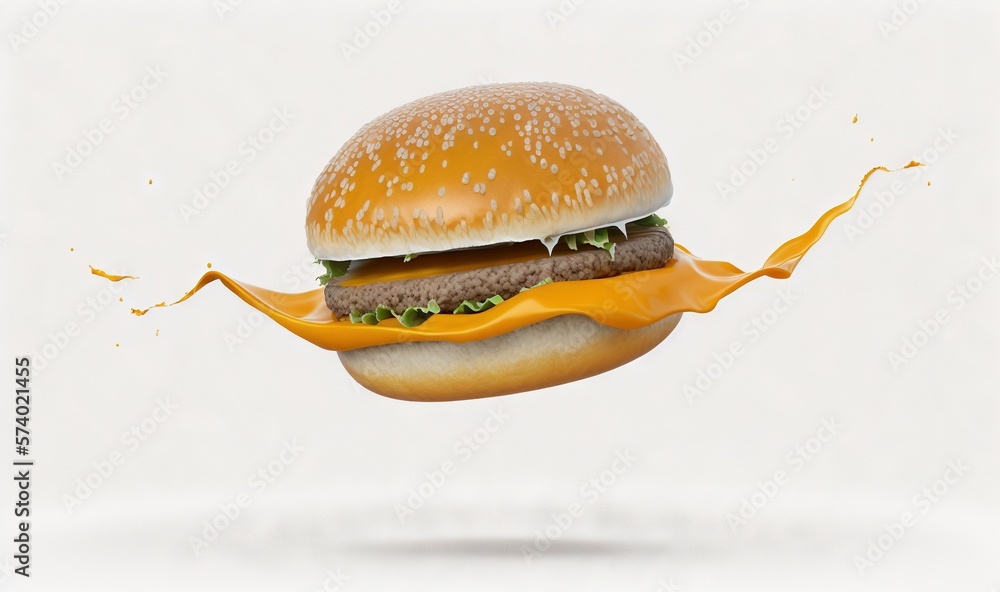  a hamburger flying through the air with a splash of orange juice.  generative ai