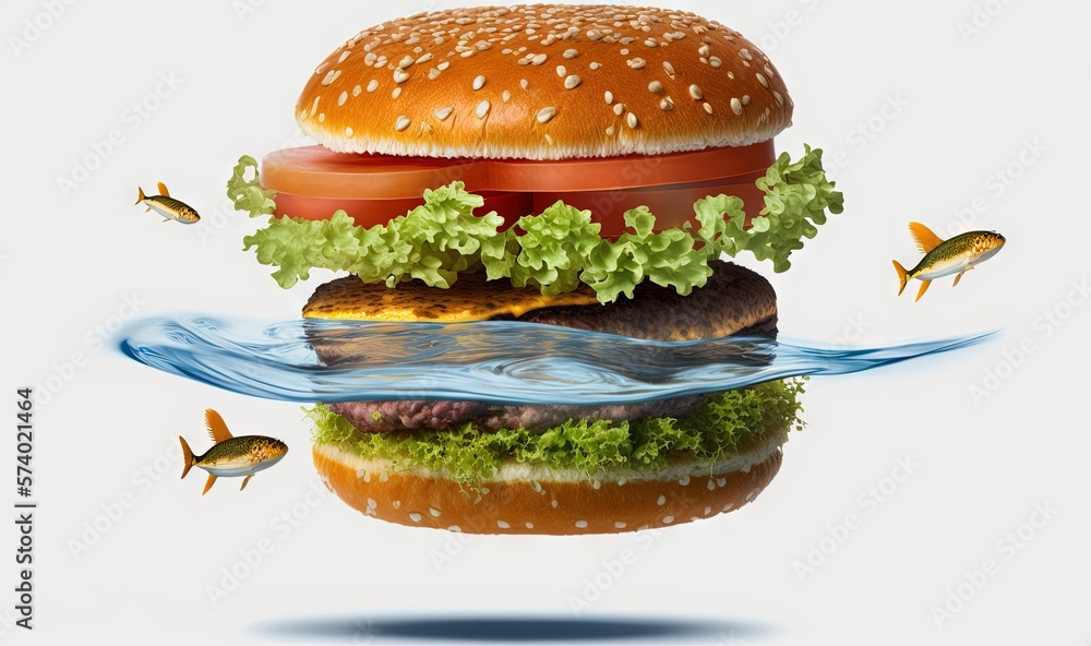  a hamburger with lettuce, tomato, and fish floating on top of it.  generative ai