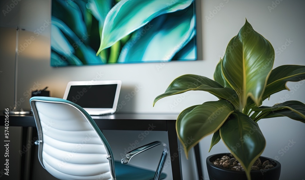  a green plant sitting next to a laptop computer on a desk.  generative ai