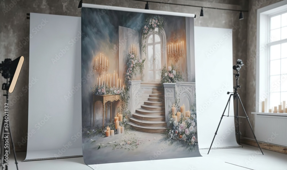  a photo studio with a backdrop of a staircase and candles.  generative ai