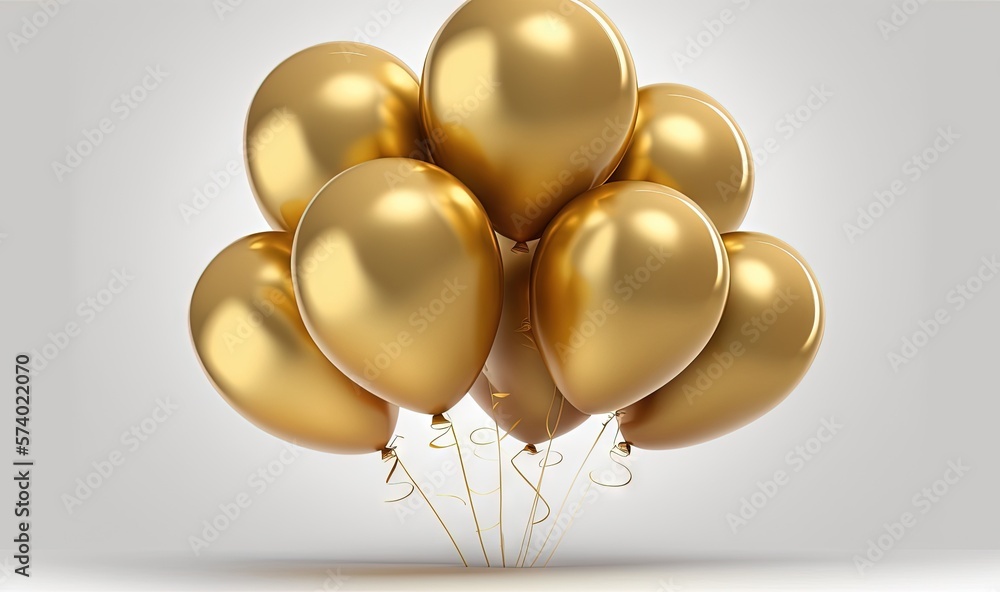  a bunch of gold balloons floating on a white background with a shadow.  generative ai