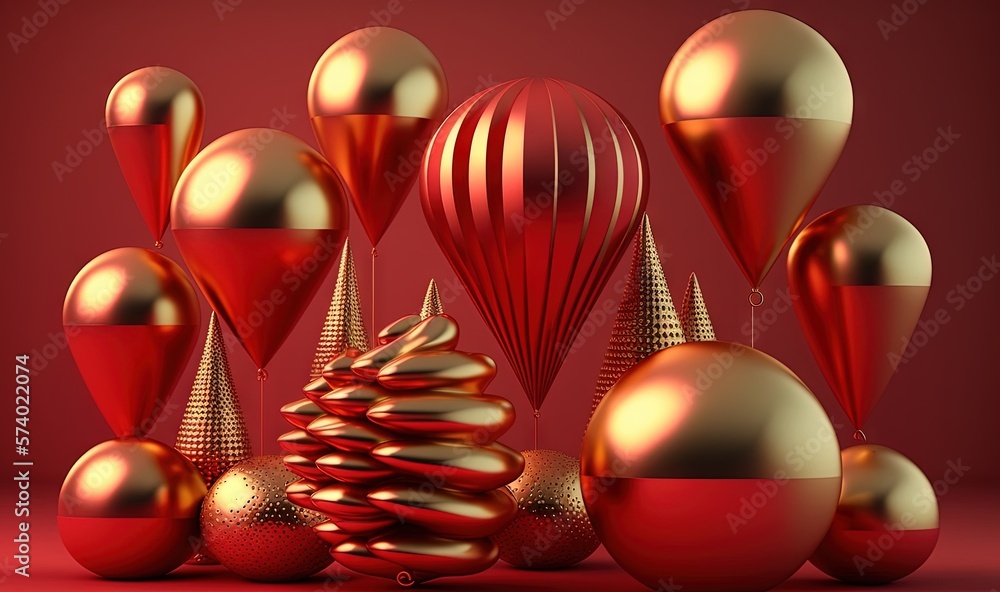  a red and gold christmas tree surrounded by gold ornaments on a red background.  generative ai