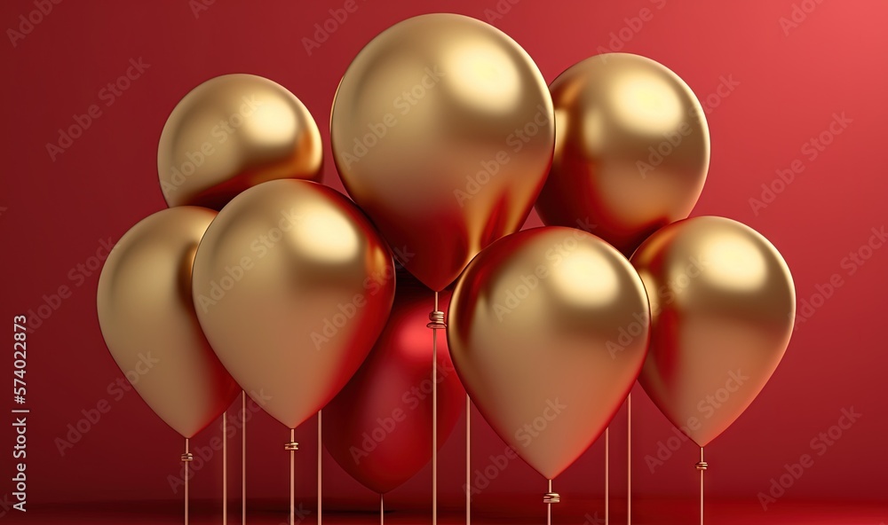  a bunch of gold balloons floating on a red surface with a red background.  generative ai