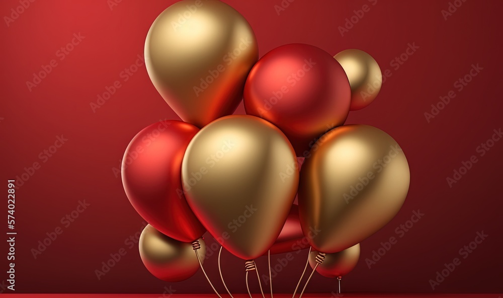  a bunch of red and gold balloons on a red background.  generative ai