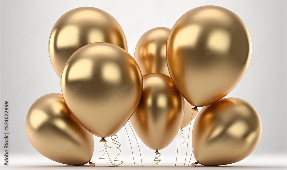  a bunch of gold balloons are in the air with a white background.  generative ai