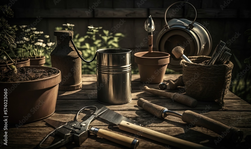  a wooden table topped with potted plants and gardening utensils.  generative ai