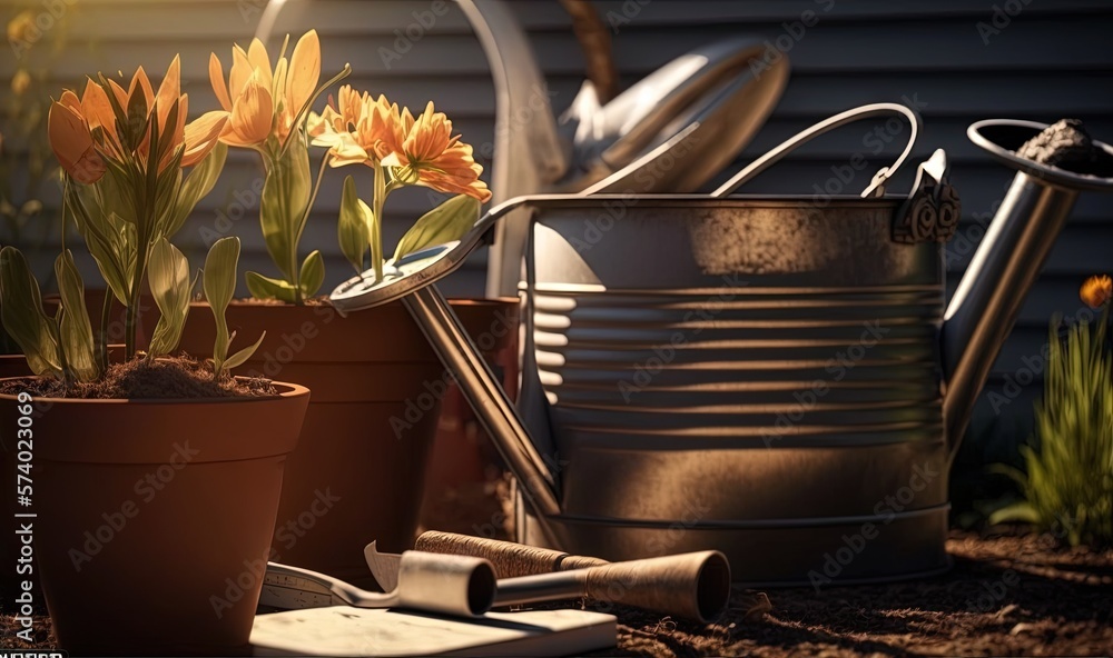  a watering can and a watering can with flowers in it.  generative ai