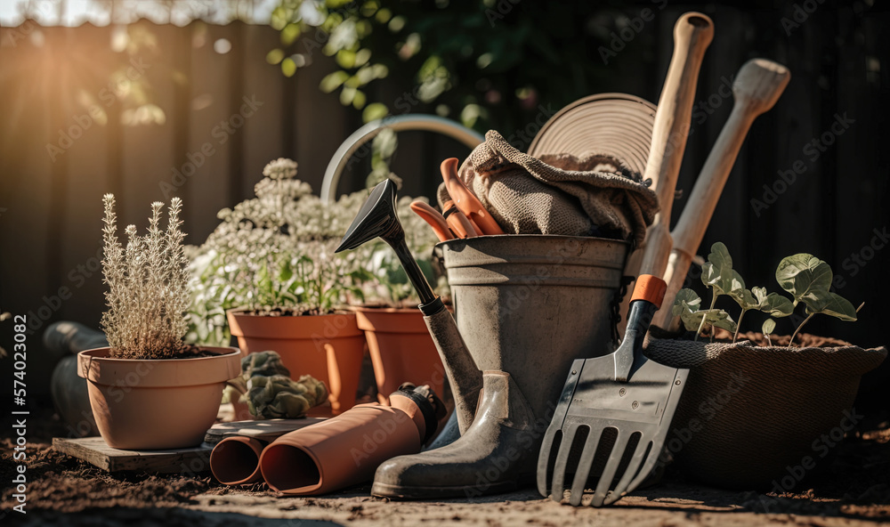  a garden with gardening tools and potted plants on the ground.  generative ai