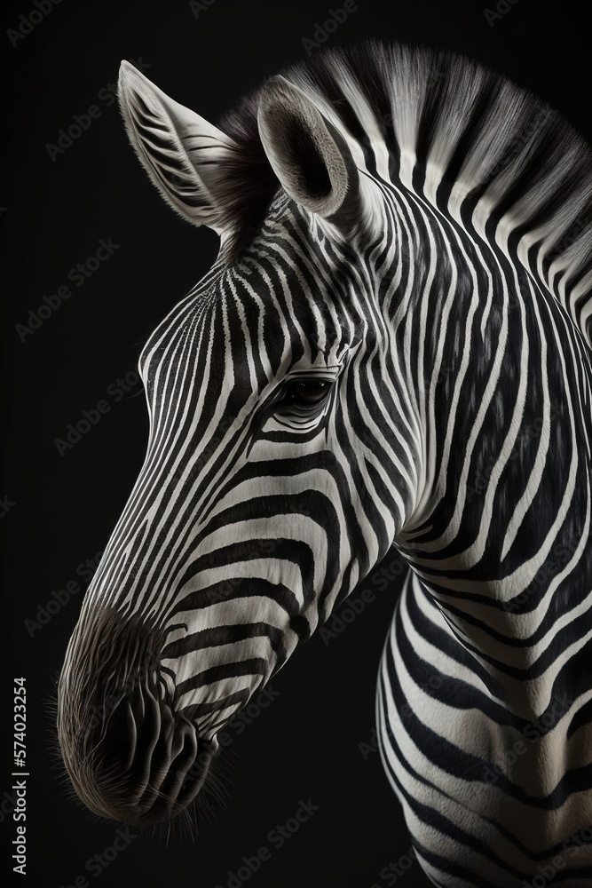  a close up of a zebras head on a black background.  generative ai