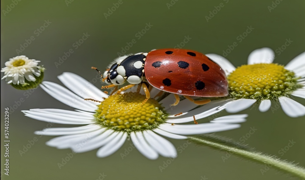  a lady bug sitting on top of a white daisy flower.  generative ai