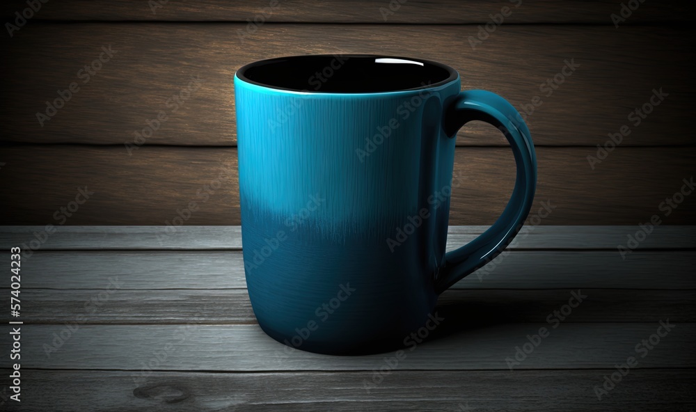  a blue coffee mug sitting on top of a wooden table.  generative ai