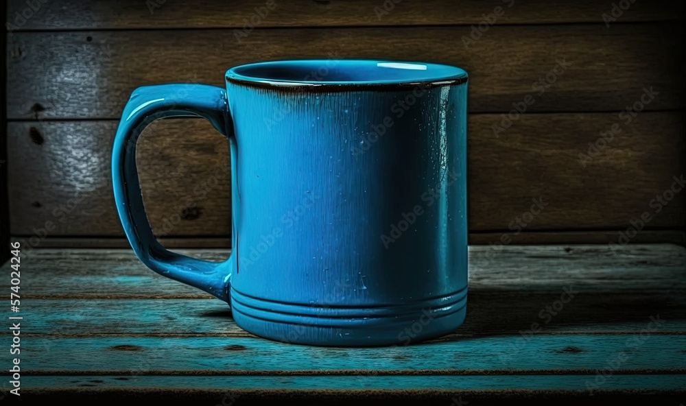  a blue mug sitting on top of a wooden table next to a wall.  generative ai