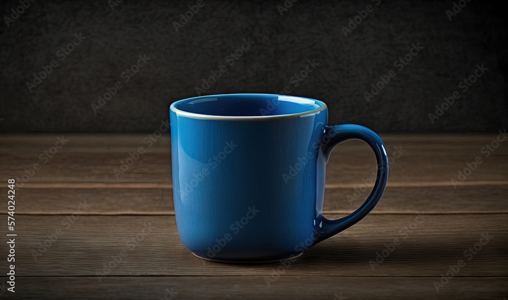  a blue coffee cup sitting on top of a wooden table.  generative ai