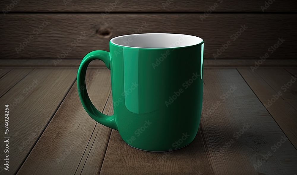  a green coffee mug sitting on top of a wooden table.  generative ai