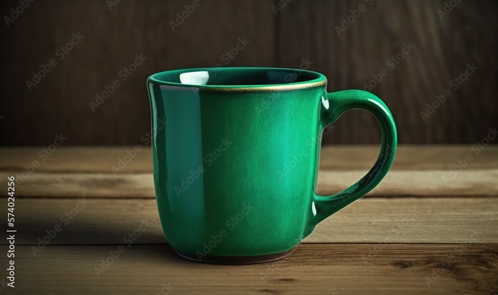  a green coffee cup sitting on top of a wooden table.  generative ai