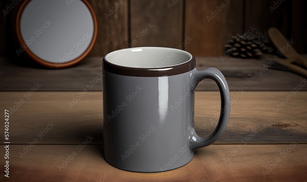  a gray and white coffee mug sitting on a wooden table.  generative ai