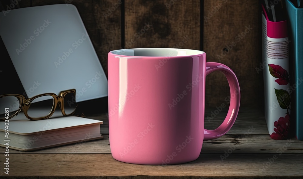  a pink coffee mug sitting on a desk next to a laptop.  generative ai