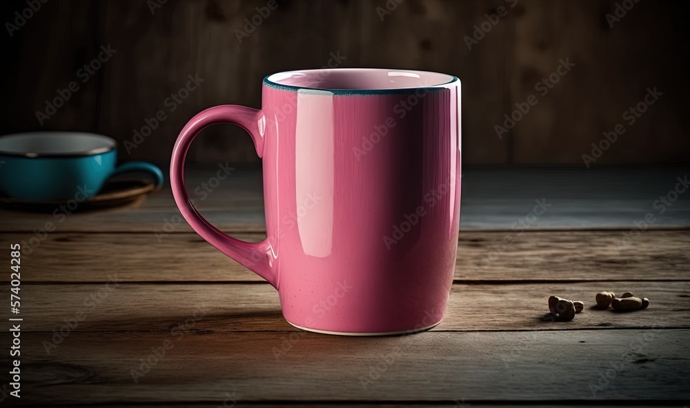  a pink coffee mug sitting on top of a wooden table.  generative ai