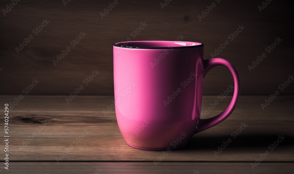  a pink coffee cup sitting on top of a wooden table.  generative ai