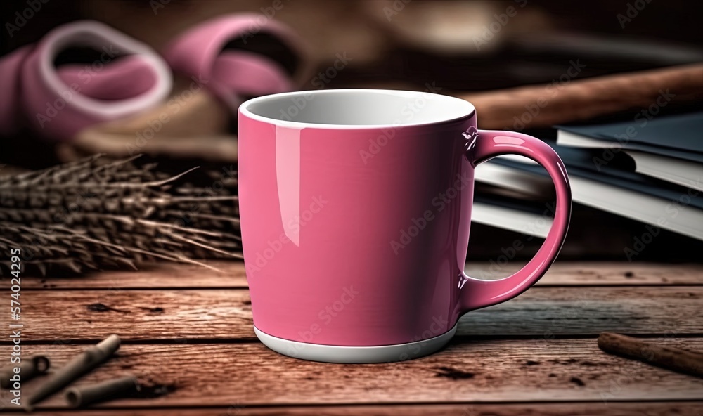  a pink coffee mug sitting on top of a wooden table.  generative ai