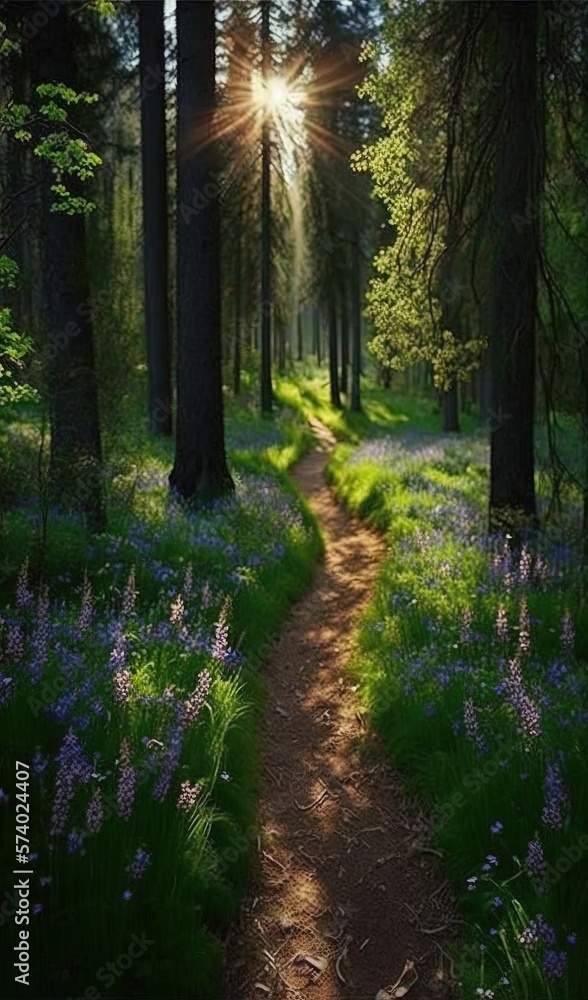  a path through a forest with bluebells and trees.  generative ai