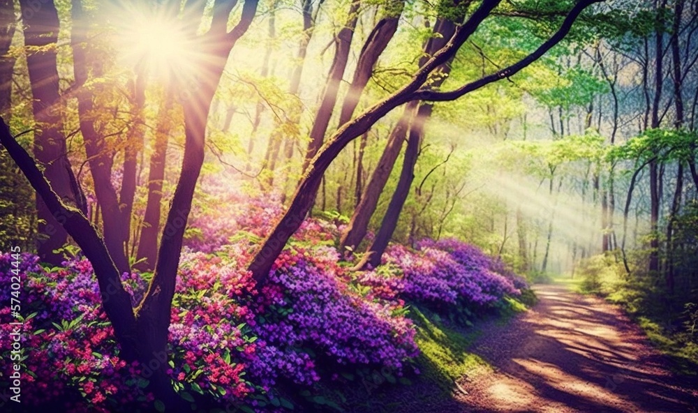  the sun shines through the trees and flowers in the woods.  generative ai