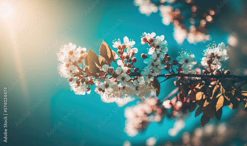  a branch of a tree with white flowers and green leaves.  generative ai